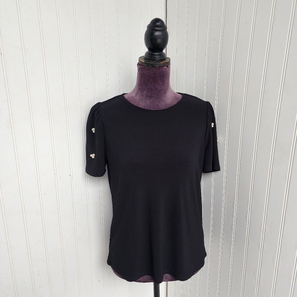89th + Madison Top Womens Black Blouse Shirt Beaded Stretch Pullover Puff Sz S